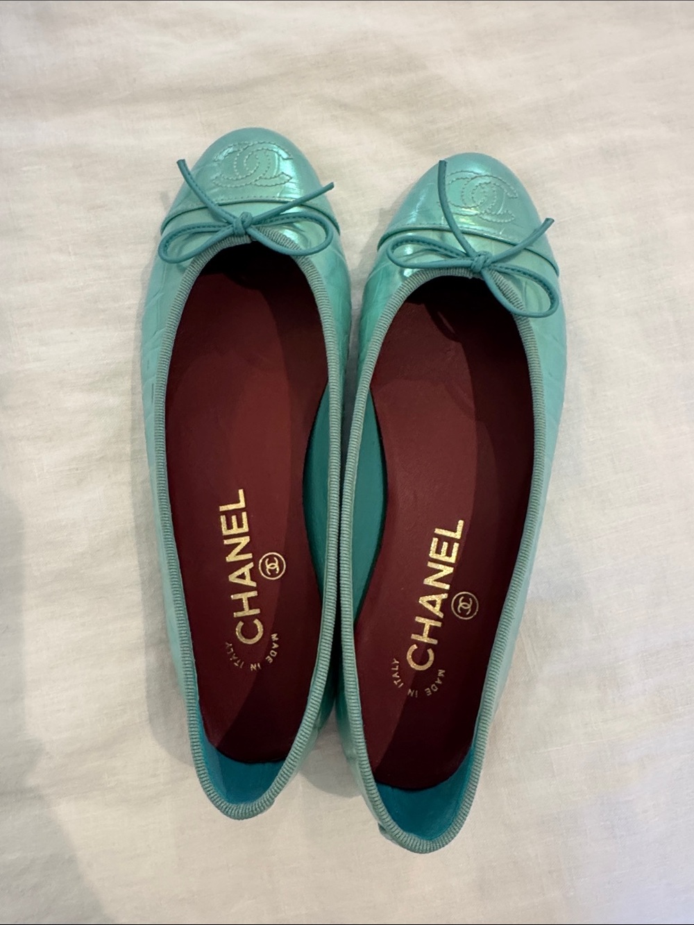 CHANEL Iridescent Aqua Ballet Flats with Bow NWT and Box